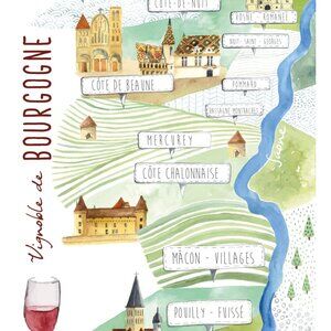 NWT Maison Lorrain 'Bourgogne' Wine Map Linen Tea Towel